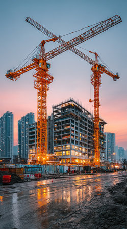 Two towering cranes dominate the scene above a partially built structure, illuminated against a colorful twilight sky. The composition showcases an urban construction site with the reflection of light on the wet ground. Suitable for illustrating infrastructure, urban planning, or commercial projects in a modern context.の素材
