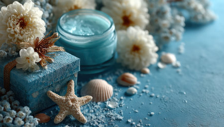 A close-up shot showcases a skincare jar with a starfish, flowers, and a gift box. The composition features a shallow depth of field, soft textures, and muted tones. The scene is illuminated by gentle lighting, creating an atmosphere suitable for beauty, wellness, and lifestyle content. It lends itself to various commercial and editorial applications.の素材