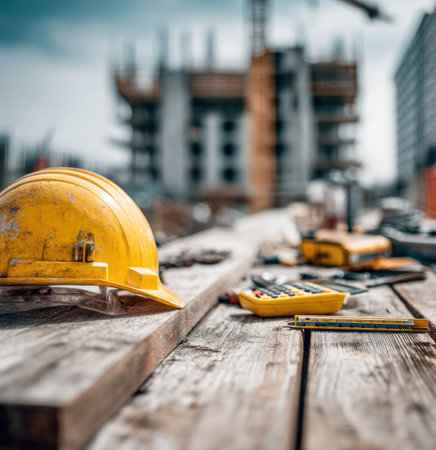 The image shows various construction tools arranged on a wooden surface, with a blurred construction site in the background. A yellow hard hat is prominently displayed. The scene is lit by natural daylight, highlighting the colors of the tools. This image could be used for illustrating construction, building trades, or related themes in articles and advertisements.の素材