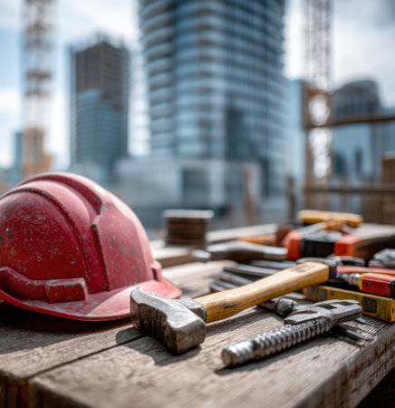 An image showcases construction tools, including a red hard hat and hammer, on a wooden surface. The composition features a shallow depth of field, with a blurred cityscape background. The scene suggests an outdoor environment, suitable for illustrating themes related to building and engineering, and may be used in commercial or editorial projects.の素材