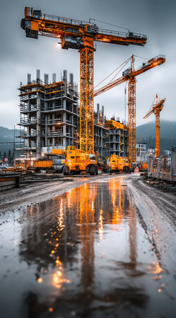 A construction site is active, with large yellow cranes towering over a partially built building. The image features a wet, reflective surface, suggesting recent rain. The scene is bathed in muted tones, with subtle color accents. It is potentially suitable for projects related to development, infrastructure, or urban planning.の素材