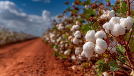 A close-up captures cotton plants with vibrant white bolls, set against an out-of-focus background. The image showcases the natural texture and color contrast, framed by a soft, diffused lighting. It depicts an agricultural scene suitable for illustrating farming, textiles, or sustainable resources within various commercial projects.の素材