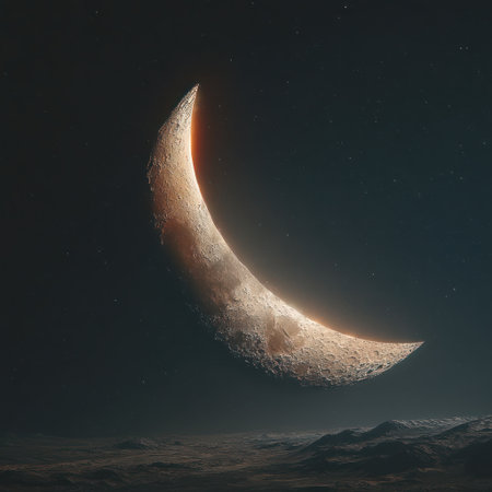 A close-up view presents a textured crescent moon, illuminated with warm highlights, against a deep blue and grey gradient sky. The celestial body dominates the composition, conveying a sense of serenity. Ideal for various projects, this image may find application in editorial designs and commercial marketing materials.の素材