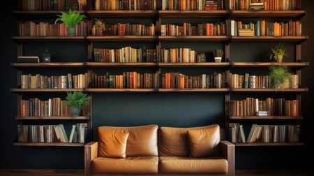 An interior depicts a comfortable library setting with extensive bookshelves and a leather sofa. The scene is illuminated with a soft light, highlighting the books, plants, and sofa. The composition suggests a relaxed atmosphere suitable for various commercial purposes, including editorial content and design concepts.の素材
