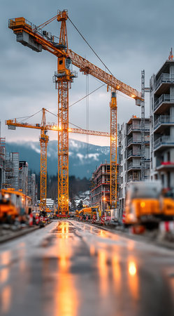 Large yellow cranes dominate a construction scene, building multiple residential buildings. The image presents a low-angle perspective, emphasizing the scale of the buildings. The overcast sky and reflective ground create a subdued color palette. Suitable for illustrating industry, development, infrastructure, or urban planning concepts.の素材