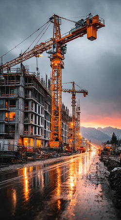 Tower cranes stand tall amidst a developing construction site during twilight. The scene showcases a combination of artificial and natural illumination, where warm light spills from buildings and the cranes themselves. The overall tone is enhanced by the presence of a wet surface reflecting the lights. This image is suitable for various commercial uses related to infrastructure or industry.の素材