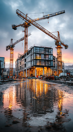 The image features a building under construction, dominated by several large yellow cranes. The modern structure has a glass and steel facade. The composition includes reflections in a wet surface, suggesting a recent rain. The scene is lit with warm artificial light and a colorful sky. This image may be suitable for architectural, industrial, or construction projects.の素材