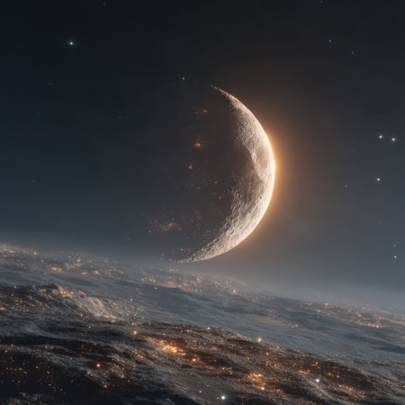 This image depicts a luminous crescent moon positioned above a planet's surface, with city lights scattered below and a backdrop of stars. The composition utilizes a realistic style, showcasing a dark, expansive atmosphere. It may be suitable for illustrating topics like astronomy or space exploration and can be used for various commercial purposes.の素材
