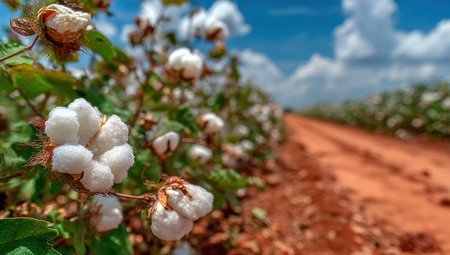 This image showcases a cotton field with blooming cotton plants. The foreground features close-ups of cotton flowers with green leaves. The background shows a dirt path leading toward a blue sky. It could be used for agricultural or environmental content and various editorial projects.の素材