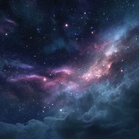 This image features a vibrant illustration of a nebula and starry sky. The artwork showcases a mix of dark blues, purples, and pinks, suggesting a celestial scene. The composition may be suitable for backgrounds or design elements. The overall aesthetic could be useful for both commercial and editorial applications.の素材