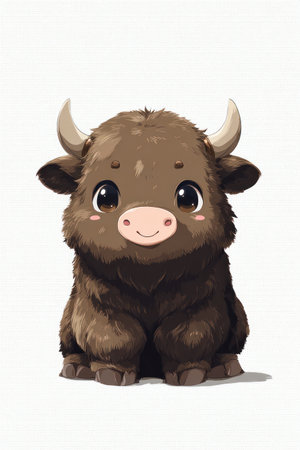 This image features a friendly cartoon yak with fluffy brown fur and large expressive eyes. The illustration uses soft colors and a clean style. The yak is positioned against a plain white background, suggesting a studio setting. This image could be used for various commercial or educational purposes.の素材