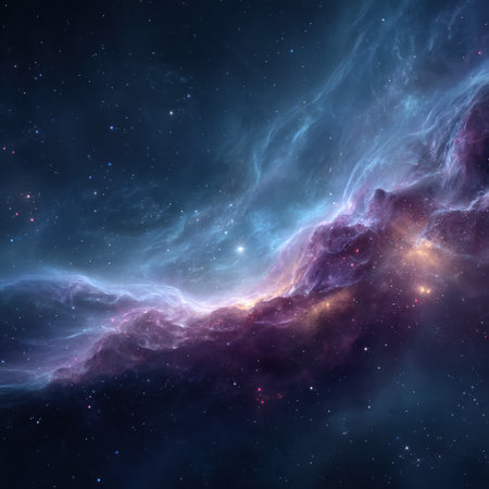 An ethereal scene presents a cosmic nebula, its form illuminated by stellar light. Rich blues and purples blend with golden hues, creating a textured visual depth. The composition offers a sense of vastness, suitable for creative projects or editorial concepts. The image displays a stylized representation of space.の素材