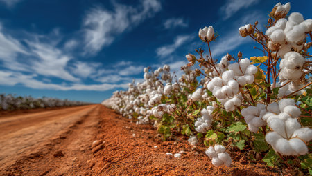 Cotton plants with fluffy white blooms line a dirt road, under a bright blue sky dotted with clouds. The image captures a landscape setting with rich earthy tones, showcasing the cotton in soft focus. This could be used for agricultural, environmental, or commercial content.の素材