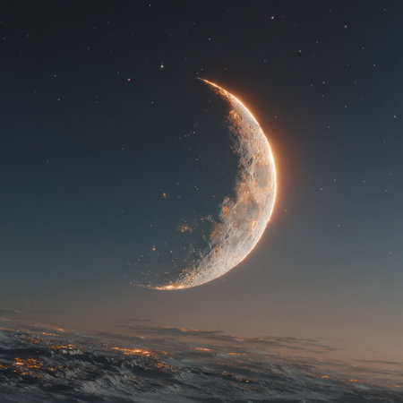 A radiant crescent moon dominates the nighttime vista. Its textured surface gleams with golden hues, contrasted by a dark, star-speckled expanse. The composition features an overhead perspective with soft lighting. This image could be utilized for various creative projects, including editorial features and visual design elements.の素材