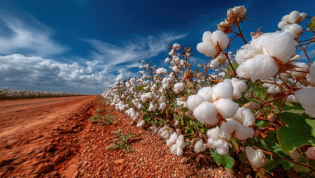 A field of cotton plants presents soft, white blooms set against a backdrop of a vibrant blue sky with fluffy clouds. The composition shows an orange dirt road leading into the distance. It could be used in projects for agriculture, nature, or environmental themes, as well as editorial purposes.の素材