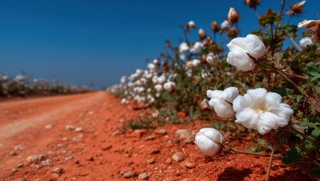This image features fluffy white cotton blossoms flourishing along a reddish dirt road under a bright blue sky. The composition emphasizes depth with a blurred background suggesting a wide landscape. This photograph could be used for various commercial projects related to agriculture or natural resources.の素材