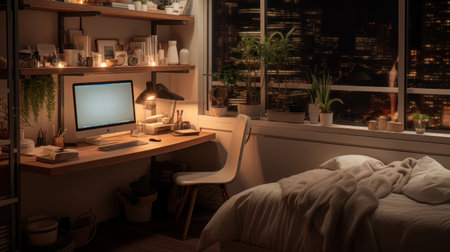 A well-lit interior scene showcases a home office with a computer setup beside a large window. The warm lighting illuminates a wooden desk, a comfortable chair, and various decorative items. The composition, taken from an eye-level perspective, could be used for lifestyle, interior design, or work-from-home concepts.の素材