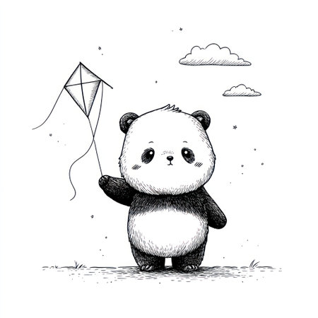 A charming illustration presents a panda character holding a kite. The image is rendered in black and white with soft textures. Set against a white backdrop with stylized clouds, it suggests a whimsical outdoor scene. This versatile design could be suitable for various creative and commercial applications.の素材