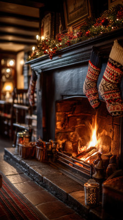 A festive fireplace is the focal point, adorned with stockings and seasonal decorations. The scene features a burning fire, emitting a warm glow that illuminates the surrounding wooden elements. The composition creates a cozy, inviting atmosphere suitable for various commercial or editorial applications, such as holiday campaigns and lifestyle publications.の素材