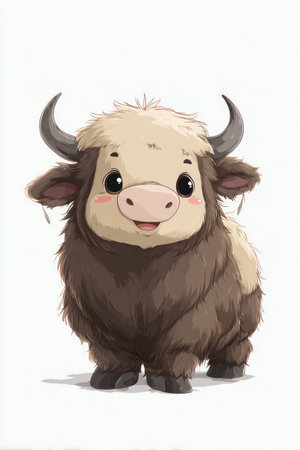 A charming illustration presents a yak with fluffy brown and beige fur, large eyes, and curved horns. The creature stands out against a clean white background. This visual could be utilized in various commercial projects, including children's books, educational materials, and product designs.の素材