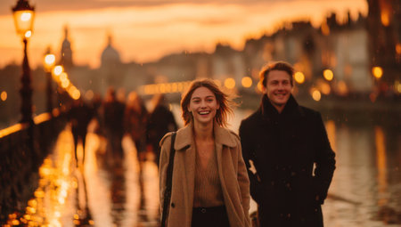 A couple strolls across a bridge, bathed in the warm glow of the setting sun. The image showcases soft lighting and a blurred background, suggesting a serene outdoor environment. It could be used in various commercial projects, including travel promotions and lifestyle content, with copy space available.の素材