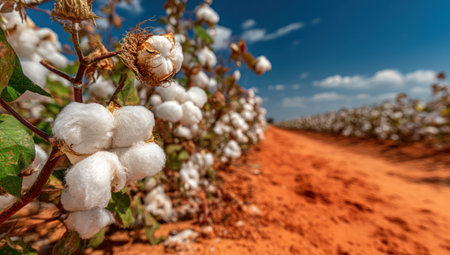 White cotton bolls cluster on plants in a field under a bright blue sky. The image features a shallow depth of field, focusing on the textured cotton. A dirt path leads into the distance, with bright sunlight illuminating the scene. Suitable for illustrating agriculture, textiles, or environmental themes.の素材