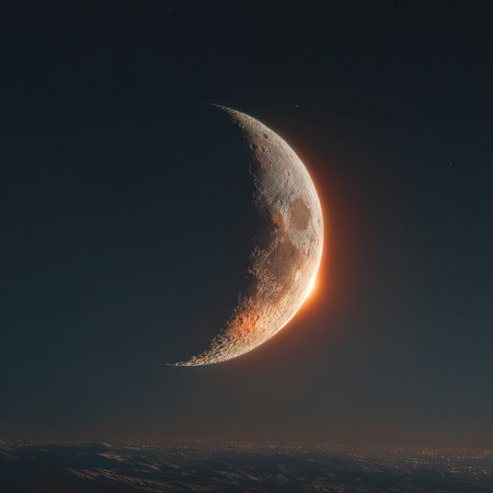 A close-up depiction showcases a crescent moon set against a dark, expansive backdrop. The moon displays a textured surface with an orange glow along its edge. The composition utilizes dramatic lighting, potentially ideal for various commercial and editorial projects.の素材