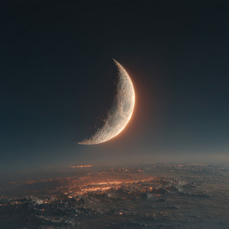 A stunning crescent moon dominates the night sky, casting a soft glow over the planet's atmospheric layer. The image reveals a textured moon surface contrasted against a dark background, with the hint of light along the horizon. Ideal for various projects, it is suited for educational, commercial and artistic purposes.の素材