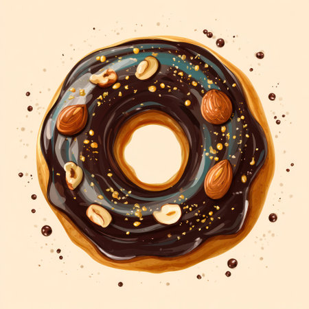 A top-down view showcases a freshly baked donut. The glazed surface of the donut gleams with a rich, dark chocolate coating, studded with nuts. The warm color palette and simple composition evokes a sense of comfort and enjoyment, potentially suitable for advertising, food blogs, or editorial content.の素材