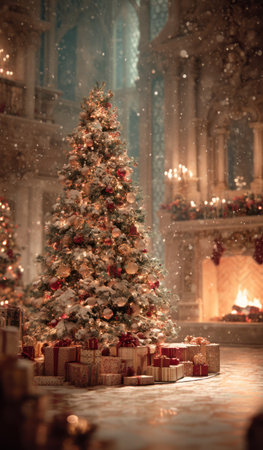 A tall Christmas tree, adorned with ornaments, dominates the scene set inside an ornate room. Soft lighting illuminates the tree and surrounding presents. A fireplace glows warmly, contributing to the cozy atmosphere. This image could be used for holiday greetings and seasonal promotions.の素材