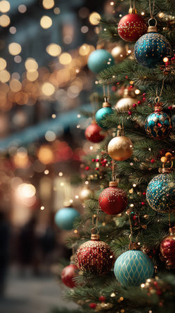 A close-up view presents a decorated Christmas tree with various ornaments. The composition showcases a variety of textures and colors, with selective focus. The image evokes a festive holiday atmosphere. Suitable for use in a range of seasonal visual content for commercial applications.の素材