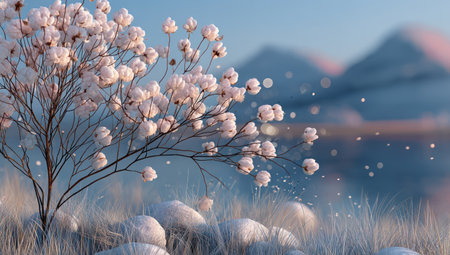 A close-up view presents delicate white flowers in full bloom. The soft focus highlights the blossoms, while the background reveals distant mountains and a calm body of water. The overall composition suggests a tranquil atmosphere, with potential applications in various creative projects, including editorial or decorative purposes.の素材