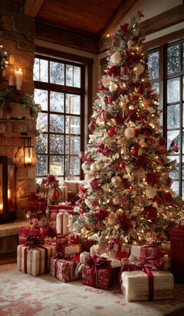 A festively decorated Christmas tree stands prominently indoors, adorned with red ornaments and lights. Presents are stacked around the base, featuring various wrapping styles. The scene evokes warmth, with soft lighting and a blurred view of a window. Suitable for seasonal projects, holiday campaigns, and lifestyle publications.の素材