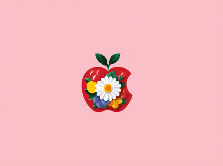 This image features a vibrant apple design with a floral arrangement. The artwork showcases a combination of bright colors and a flat style, presented on a soft pink backdrop. This illustration could be used for various commercial projects and design purposes, and is suitable for digital or print media.の素材