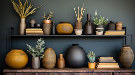 An assortment of decorative vases and potted plants adorn a set of shelves against a dark wall. The composition features a variety of earthy tones and textures, from the rough surfaces of pottery to the delicate leaves of the plants. The lighting is soft, suggesting an indoor setting suitable for editorial or commercial applications.の素材