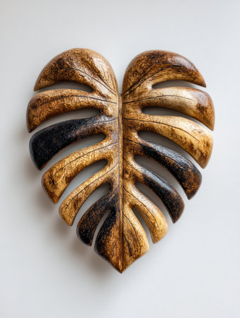 A close-up captures a wooden leaf sculpture, featuring a range of brown tones and textures. The art piece is set against a white background, creating a high-contrast effect. The lighting emphasizes the details and the natural aesthetic of the object. Suitable for design projects and visual content.の素材