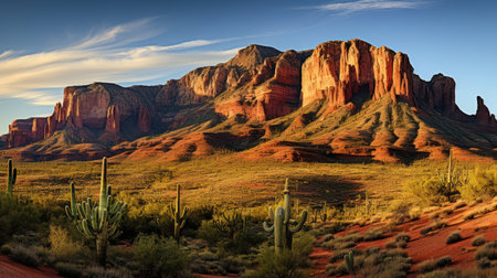 This image showcases a desert landscape dominated by a large mountain range under a blue sky. Cacti dot the foreground amidst reddish-brown terrain. The scene features a warm color palette with the sun casting dramatic light and shadows. Suitable for various projects, it could be used for editorial and commercial purposes.の素材