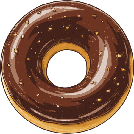 This image features a detailed illustration of a donut with chocolate glaze. The donut is depicted in a vector style, showcasing a glossy surface. The composition includes a close-up shot of the dessert. This visual could be used for food-related marketing materials or website designs.の素材