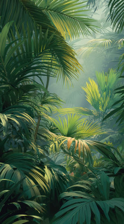 An illustration depicts a vibrant tropical forest, teeming with various shades of green foliage. Palm leaves and other dense vegetation dominate the composition, bathed in soft sunlight. This image could be suitable for use in educational materials, environmental publications, or various design projects.の素材