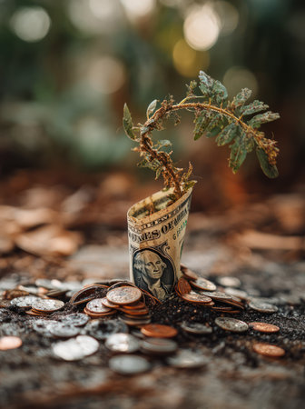 A close-up shot captures a rolled-up dollar bill with a growing plant, surrounded by coins. The composition utilizes shallow depth of field, emphasizing the texture and colors of the leaves and currency. The image conveys concepts of investment, growth, and prosperity, with potential use in business or finance-related publications.の素材