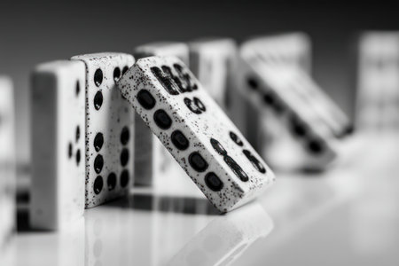 A grayscale image displays a row of dominoes, partially in focus. The pieces are textured with contrasting black dots. The composition uses shallow depth of field, emphasizing the front pieces, while the background appears blurred. The lighting is diffused, giving a clean and neutral ambiance. Suitable for illustrating concepts like cause and effect, or business scenarios.の素材