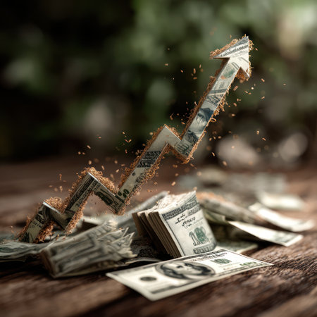 An upward-pointing arrow is constructed from dollar bills. It's set against a blurred green backdrop. The scene features a pile of cash, emphasizing the concept of financial increase. The image is professionally styled, suggesting its use in business or promotional materials, conveying concepts of wealth.の素材