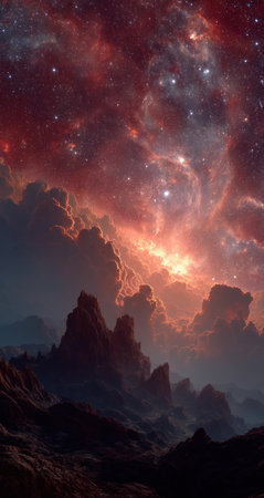 An awe-inspiring image features a celestial landscape with dramatic cloud formations and vibrant colors. The composition reveals illuminated cloud structures with brilliant bursts of light. The scene possibly represents a vast cosmic environment. This artwork could be suitable for various creative applications.の素材