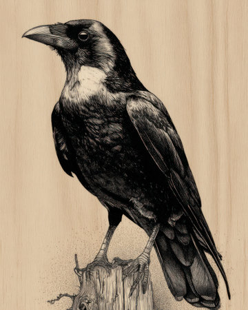 A detailed illustration depicts a raven perched upon a weathered stump. The artwork features grayscale tones, highlighting textures and form. The composition shows the raven facing towards the left. This image may be suitable for artistic designs and educational publications or general illustration use.の素材