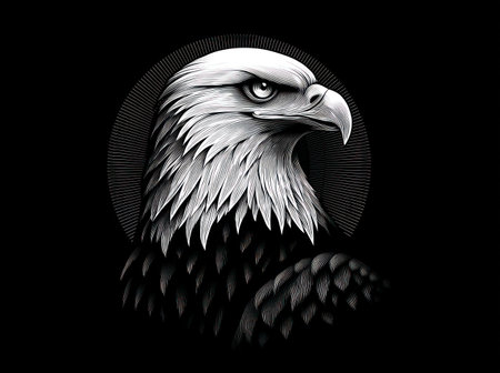 A close-up illustration depicts a majestic eagle's head, showcasing striking black and white tones. The artwork highlights intricate feather details and intense gaze. The composition is set against a dark background, and its graphical qualities make it suitable for various creative or commercial projects.の素材