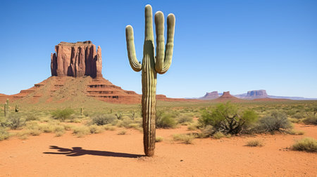 A tall saguaro cactus stands prominently in a desert environment under a clear blue sky. The scene features arid terrain and distant red rock formations. The composition, bathed in natural sunlight, may be suitable for various commercial uses, including travel and nature-related content.の素材