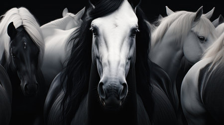 A close-up captures a group of horses in monochromatic tones. The composition focuses on the horses, their coats displaying various shades of grey. Strong overhead lighting highlights textures and forms. Suitable for design projects and visual content creation for a variety of uses.の素材