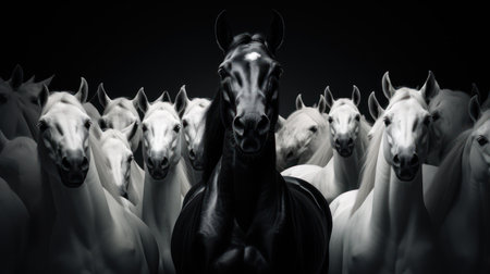 A striking monochrome image features a black horse positioned centrally, set against a backdrop of numerous white horses. The composition emphasizes contrast, with high-key lighting illuminating the white coats and highlighting the dark silhouette. This image could be used for advertising, editorial, or design projects.の素材