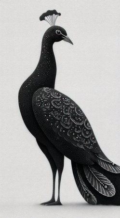 A striking illustration depicts a stylized black peacock. The bird is rendered with detailed textures, showcasing a mix of patterns and shades. The composition features a neutral white background that enhances the subject. The image's clean aesthetic and high-quality detail make it suitable for various creative projects.の素材