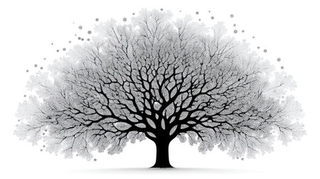 A striking illustration depicts a stylized tree in monochrome hues. The composition features a dark trunk and branches contrasted against a cloud-like canopy and a clean white backdrop. The design's simplicity and high contrast create a visually appealing image suitable for various commercial and editorial applications.の素材